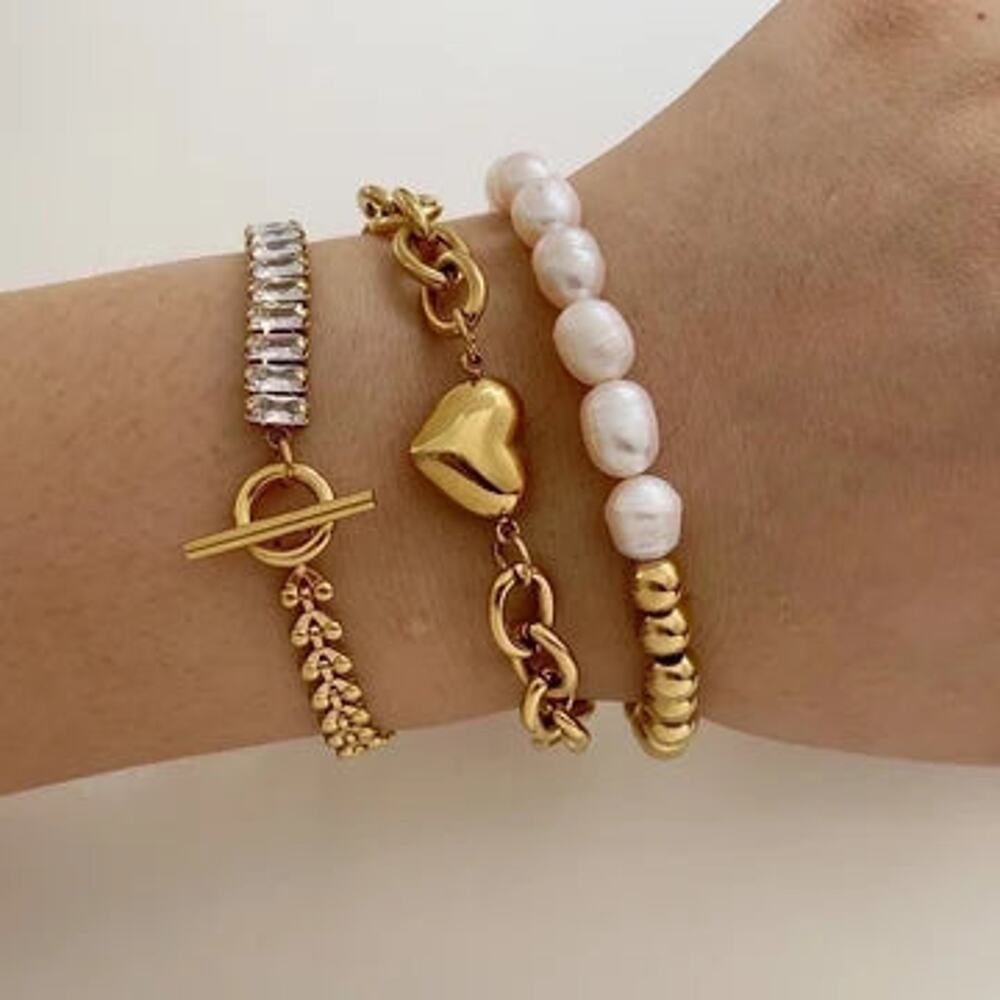 Pearl and Gold Bead Bracelet, Tape Diamond Bracelet  - Waterproof